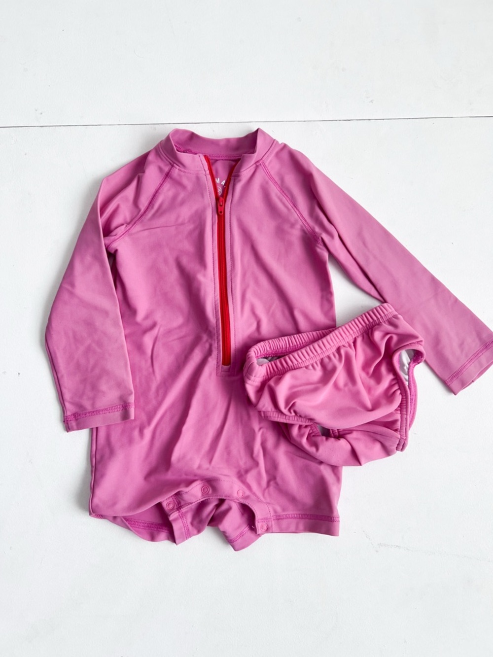Primary Pink Long-Sleeve Zip Rashguard Swimsuit and Swim Diaper Set